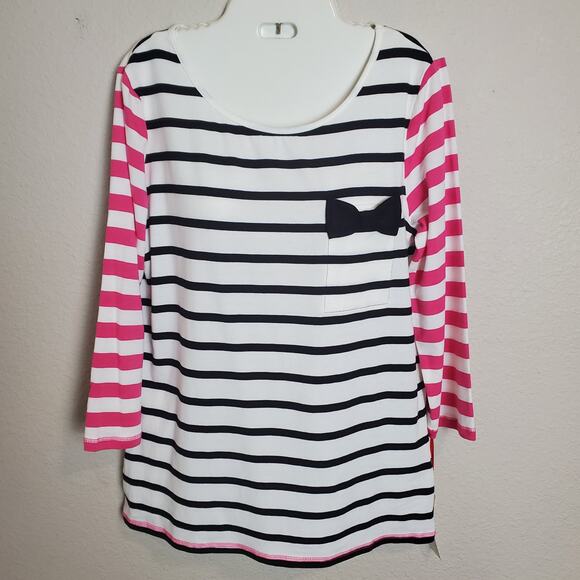 ELLE Striped Bow Pocket Top Women’s Medium | Pink Sleeve Nautical Breton Tee - Picture 1 of 10